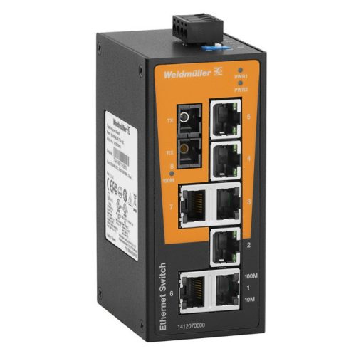 Weidmüller 1412070000 IE-SW-BL08-7TX-1SC Hálózati switch, nem konfigurálható, Fast Ethernet, Portok száma: 7x RJ45, 1 * SC multimódusú, IP30, -10 °C...60 °C