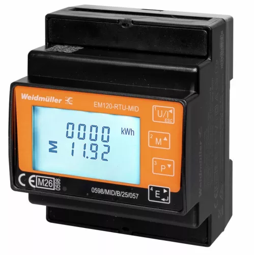 Weidmüller EM120-RTU-MID MID fogyasztásmérő, 3 fázisú, áramváltós x/1 A vagy x/5 A, Modbus RTU