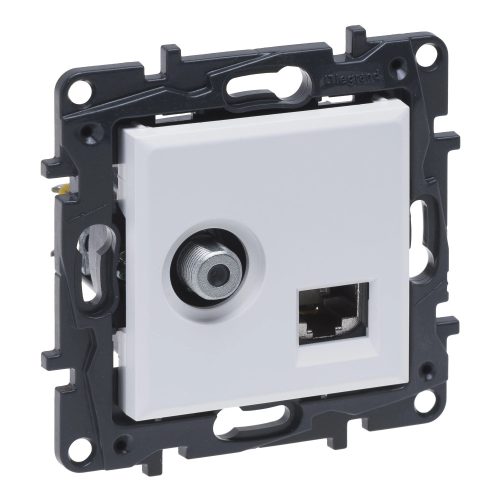 ÚJRACSOMAGOLT Legrand Niloé Step 863177 "F" típusú TV aljzat + RJ45 Cat. 6 UTP aljzat, fehér (Legrand 863177)