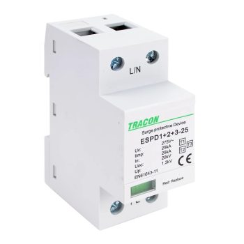   ÚJRACSOMAGOLT Tracon ESPD1+2+3-25-1P T1+T2+T3 AC típusú túlfeszültség levezető, egybeépített Uc:275V; Iimp:25kA; In:25kA; Uoc:20kV; Up:1,3kV; 1P