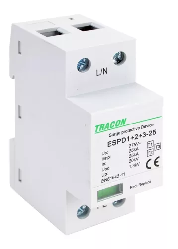 ÚJRACSOMAGOLT Tracon ESPD1+2+3-25-1P T1+T2+T3 AC típusú túlfeszültség levezető, egybeépített Uc:275V; Iimp:25kA; In:25kA; Uoc:20kV; Up:1,3kV; 1P